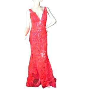 Jovani mermaid style neon coral evening gown with floral appliques Size 8